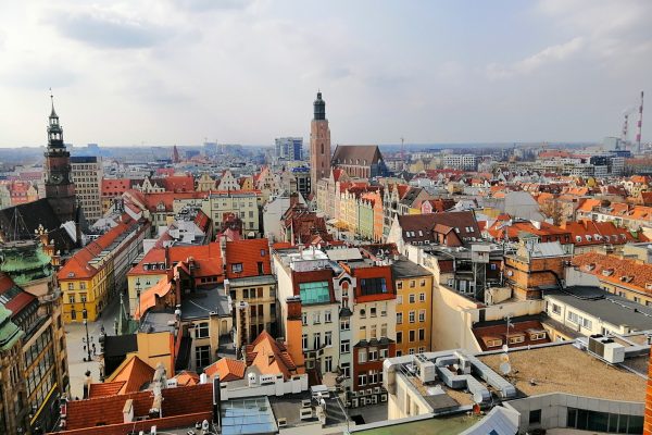 A beautiful aerial shot of Wroclaw city, Poland under the cloudy sky