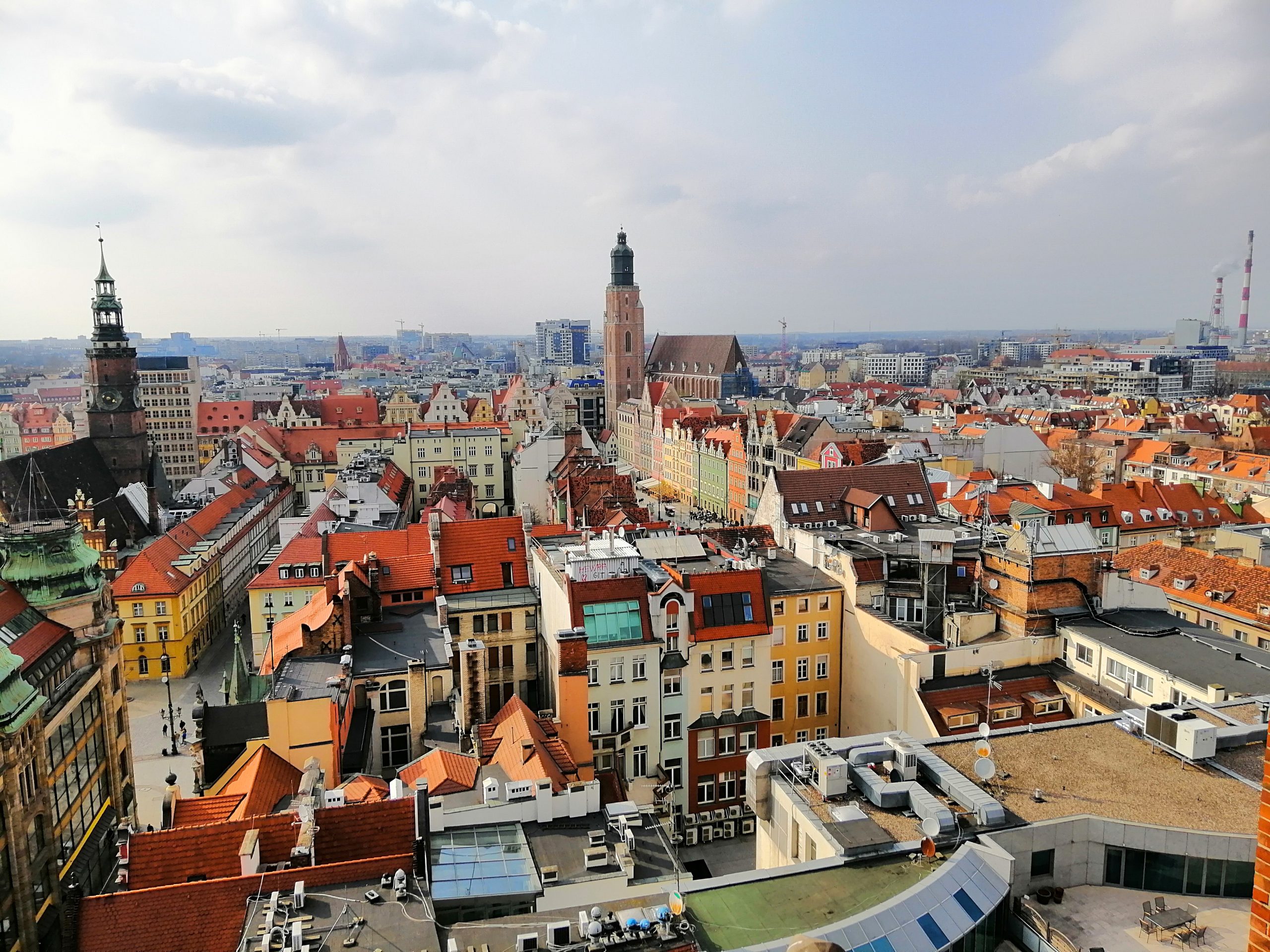 A beautiful aerial shot of Wroclaw city, Poland under the cloudy sky