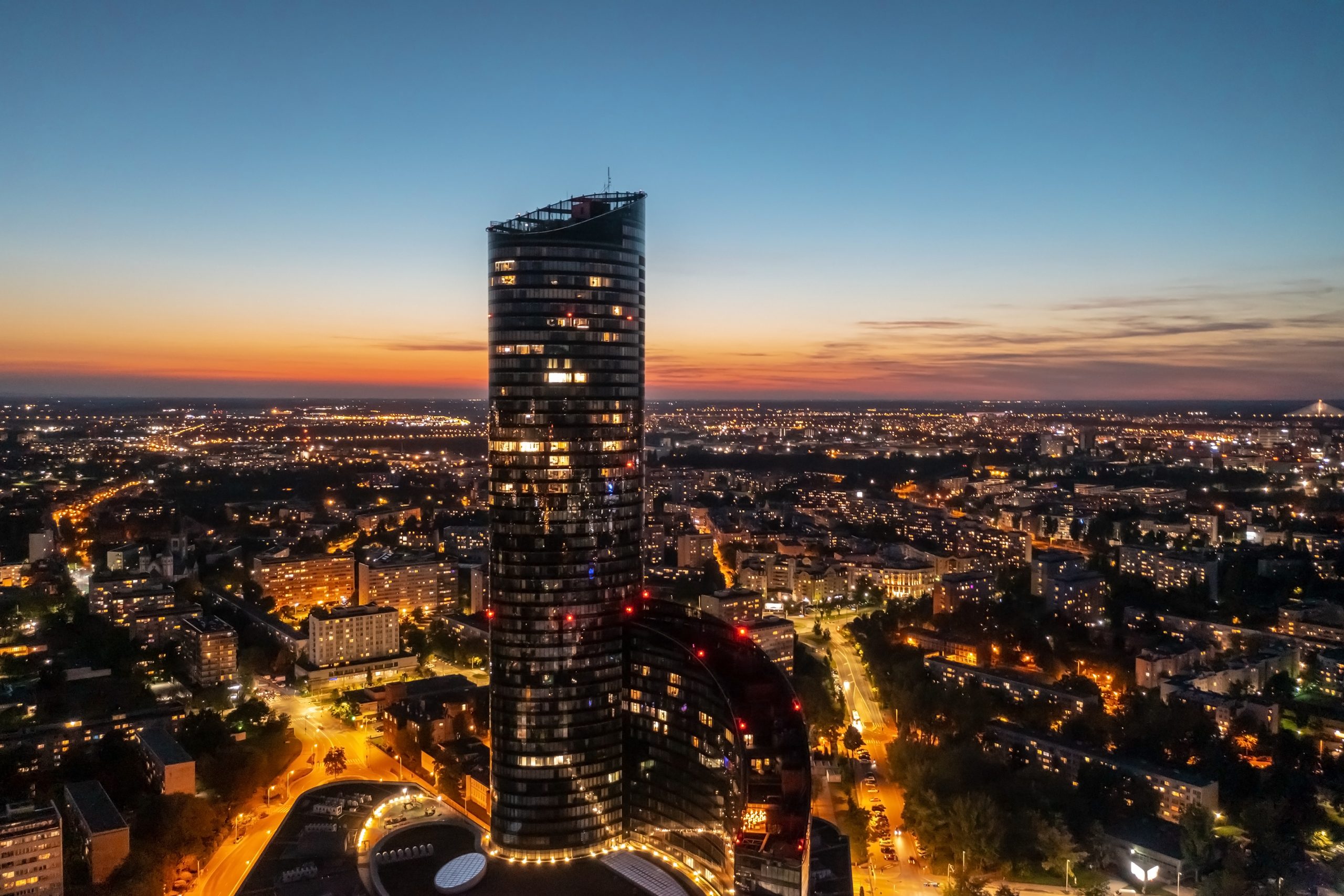 Wroclaw at night, panorama of the city from a height, Poland